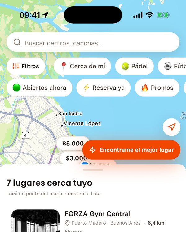 App de Forzapp: mapa con centros deportivos cercanos y filtros por deporte, horario y promos