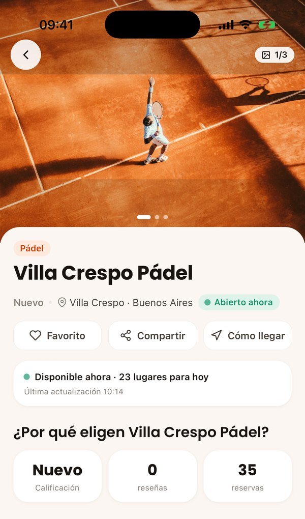 Ficha de un centro en la app de Forzapp: fotos, ubicación, reseñas y canchas para reservar