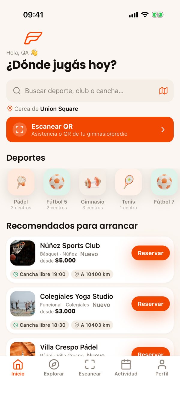 Marketplace de Forzapp en la app: centros de pádel y fútbol cerca, con turnos disponibles hoy
