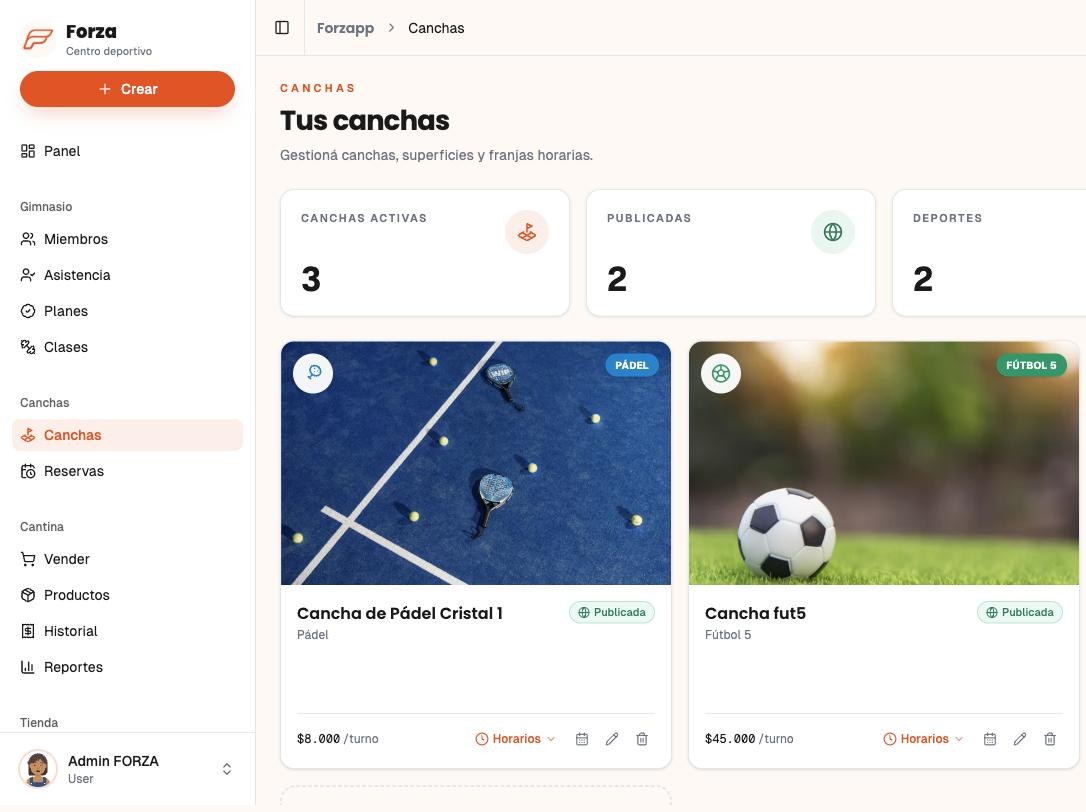 CRM de Forzapp: canchas de pádel y fútbol publicadas, con precio por turno y horarios