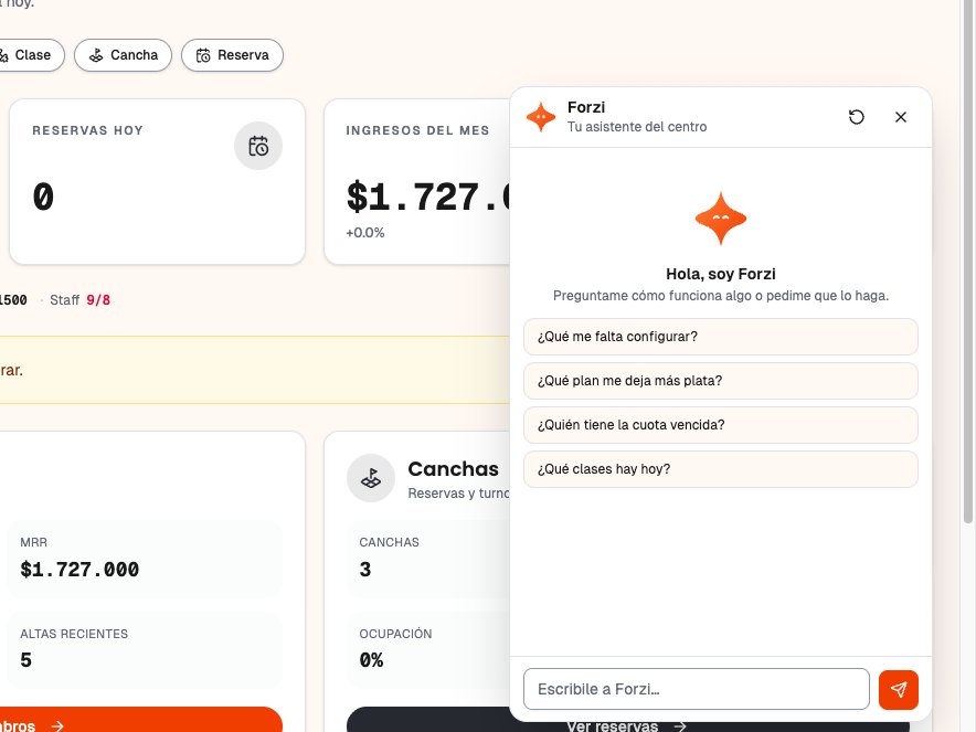 Forzi, el asistente del CRM, abierto sobre el panel con preguntas sugeridas como quién tiene la cuota vencida