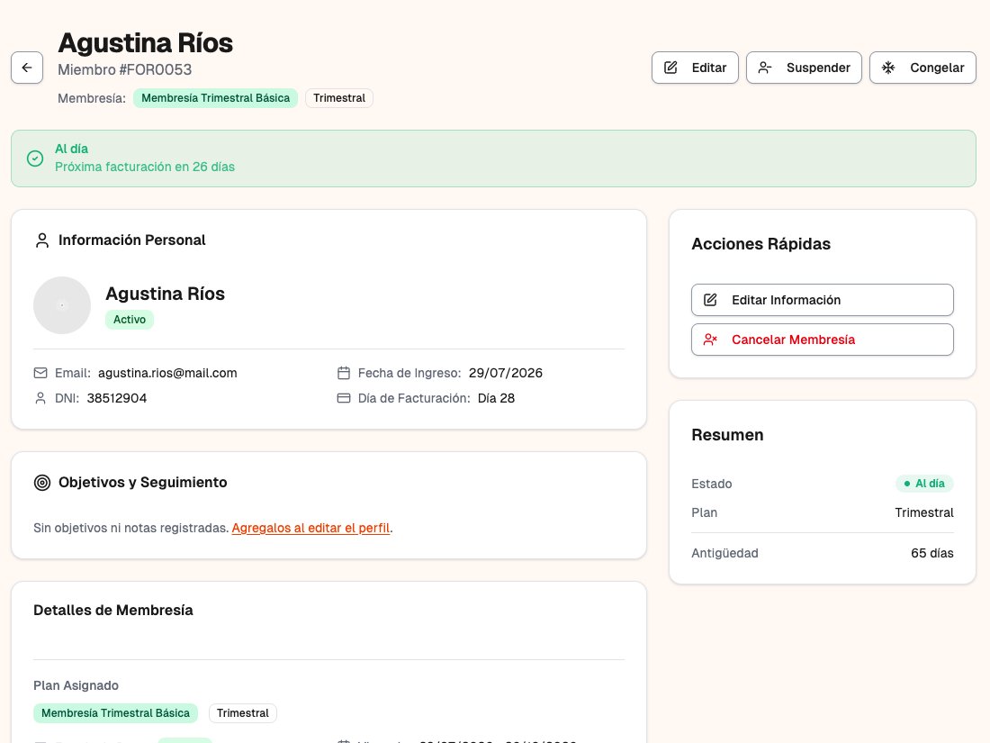 Ficha de un socio en el CRM: plan trimestral al día, próxima facturación y datos de contacto