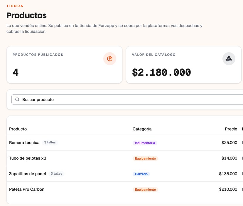 CRM de Forzapp: catálogo de la tienda con productos, precios, forma de entrega y stock